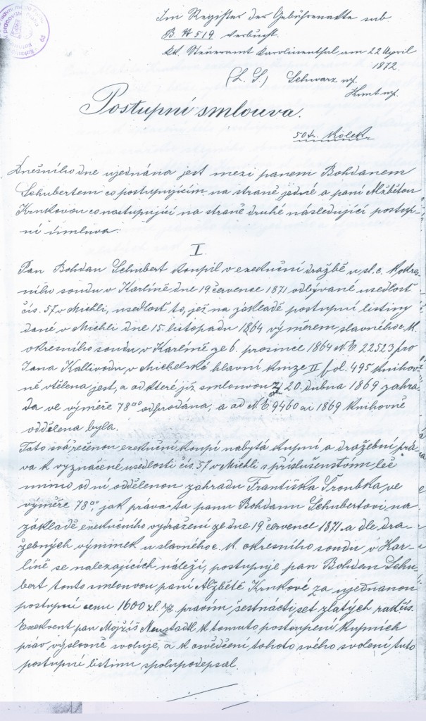 První strana Postupní smlouvy, kterou paní Alžběta Krnková nabyla dům čp. 57 v Michli