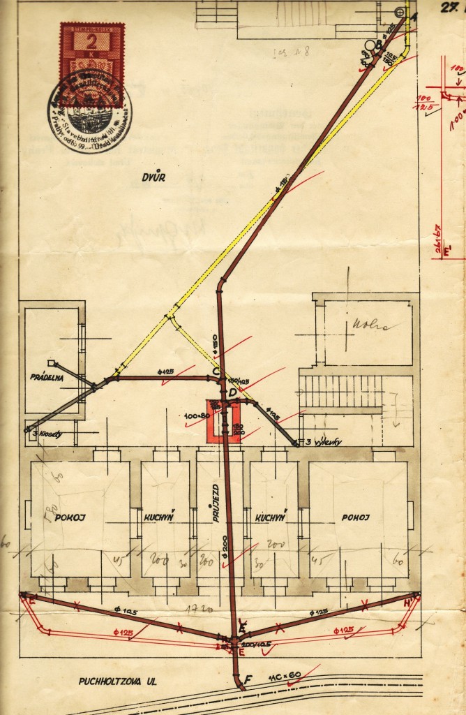 Plán úpravy kanalizace v čp. 57 z roku 1941 s půdorysnými rozměry objektu vily