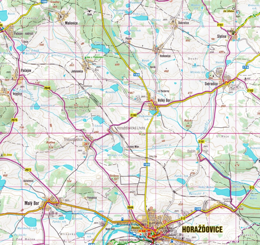 Mapa rodného kraje Sylvestra Krnky. Nejvýznamnějšími body jeho života spojenými s touto mapou je obec Velký Bor, místo narození. Dále pak obec Pačejov, místo posledního vlastnictví nemovitosti v životě Sylvestra Krnky.